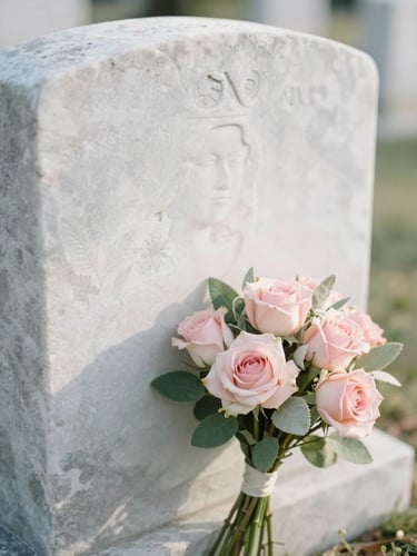 Close-up of a perfectly cleaned white marble headstone, soft morning light, a delicate bouquet of pale pink roses and sage green foliage placed gently on the side, shallow depth of field, 35mm