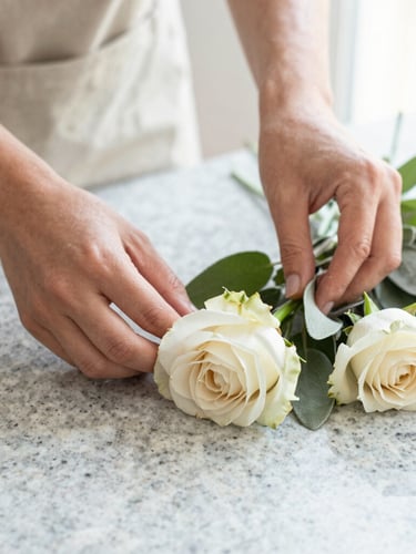Close-up of a florist's hands delicately placing fresh white roses and sage leaves on a clean, light granite surface, soft natural morning light, shallow depth of field, serene atmosphere
