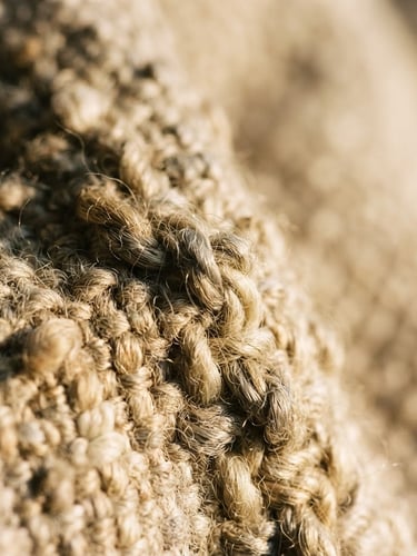Macro photograph of heavy-weave oatmeal linen fabric, low-angle warm afternoon window light, deep tactile shadows, shallow depth of field