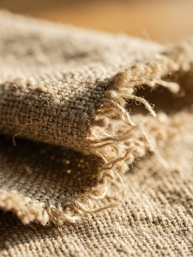 Extreme macro shot of folded heavy-weave linen fabric showing raw edges, low-angle warm afternoon window light, tactile shadows, shallow depth of field, 35mm