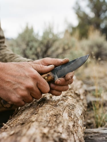 A close-up of weathered hands holding a finely crafted carbon steel knife over raw timber, soft overcast high-desert daylight