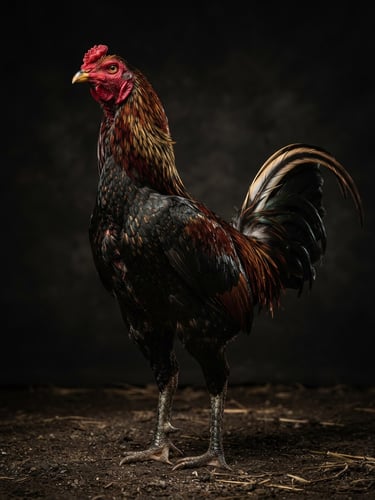 Dramatic studio photography of a majestic Pakhoy rooster standing tall, low angle, dark moody background, sharp rim lighting, rich gold and crimson tones, high-detail macro, 85mm lens