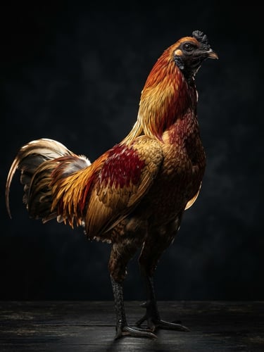 Dramatic studio photography of a majestic Pakhoy chicken, perfect upright posture, sharp rim lighting on gold and crimson feathers, dark moody background, high-detail macro, 85mm lens