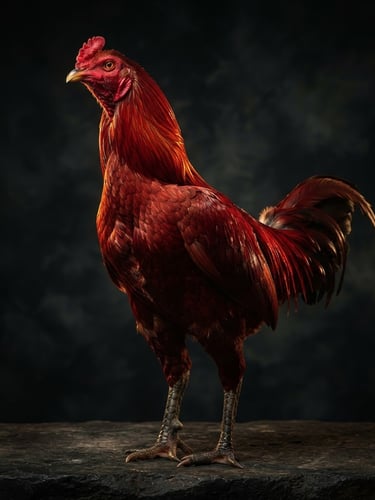 Dramatic studio photography of a majestic Pakhoy rooster, low angle heroic shot, perfect upright posture, gleaming crimson feathers, dark moody background, sharp golden rim lighting, high-detail macro, 85mm lens
