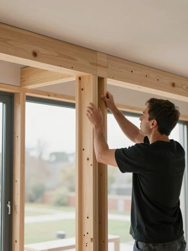An owner-operator builder in a clean black shirt inspecting a perfectly flush timber joinery joint inside a modern, naturally lit residential remodel, architectural focus.