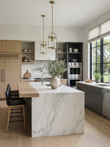 Architectural interior photography of a modern luxury kitchen remodel, bright natural window light, clean desaturated tones, sharp focus, 35mm lens, high-end editorial style