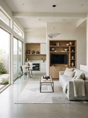 Architectural interior photography of a modern luxury ADU living space, bright natural window light, clean desaturated tones, sharp focus, 35mm lens, high-end editorial style