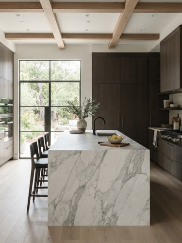 Straight-on architectural view of a modern luxury kitchen in Northern California, bright natural window light, white marble island, minimalist dark wood cabinetry, 35mm lens, high-end editorial style