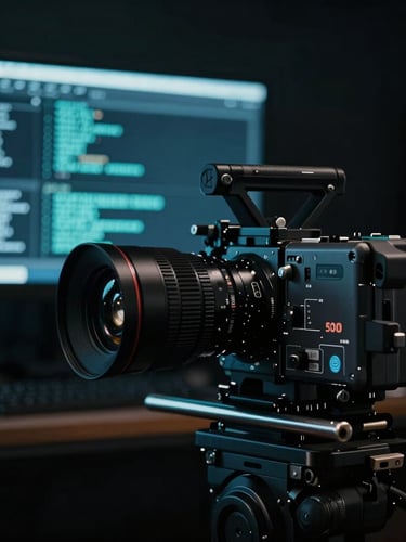 Low-key dramatic studio shot of a high-end cinema camera rigged next to a high-resolution monitor displaying code, cool teal key lights, shallow depth of field.