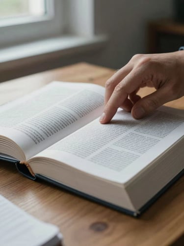 Close-up portrait-oriented shot of a hand turning a page in a thick German textbook on a wooden desk, soft afternoon window light from the upper left, ruled notebook visible in the lower background, desaturated cool tones, no faces