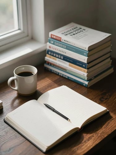 Wide overhead view of a quiet home study corner — an open notebook, a ceramic mug, and a neatly stacked pile of language textbooks arranged on a dark wood desk, soft north-facing window light raking across the pages from the left, cool neutral tones, no people, purposeful and still