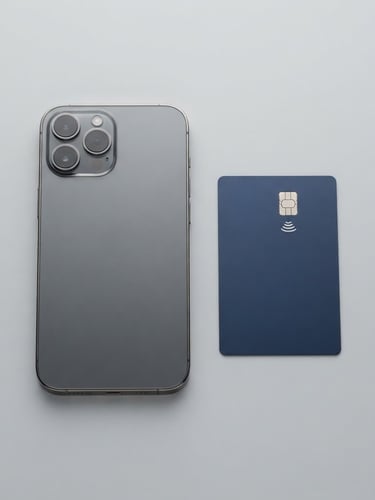 Clean product photography of a premium smartphone and a secure payment card on a neutral light grey background, bright even studio lighting, sharp focus, 50mm