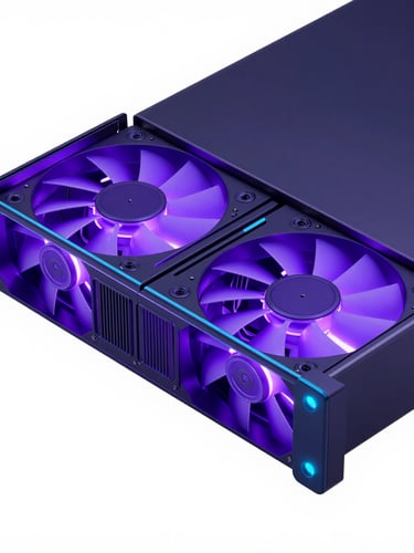Sleek 3D render of a dark high-tech server blade with glowing electric purple LED fans, close-up macro angle, isometric perspective, octane render