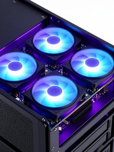 Sleek 3D render of server rack motherboards with glowing LED cooling fans, electric purple backlighting, close-up macro angle, octane render