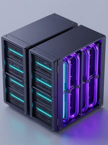 Sleek 3D render of a high-tech server node, dark metallic finish, glowing neon cyan and electric purple cooling pipes, isometric perspective, octane render