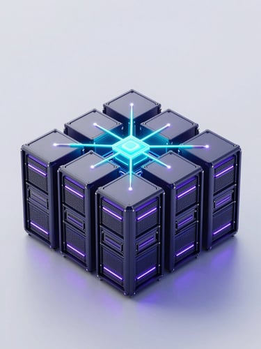 Sleek 3D render of a glowing cyan and purple network node array, dark high-tech server hardware, isometric perspective, octane render