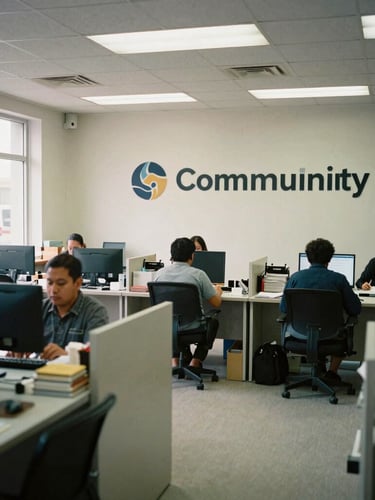Documentary photography of a real-world community field office, natural daylight, professional and organized environment, wide-angle lens, 35mm style