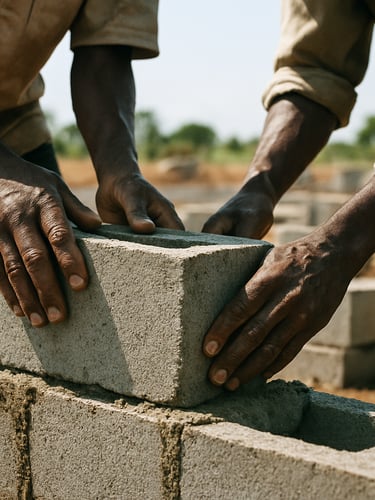 Hands of local builders laying concrete blocks for a school foundation under bright natural daylight, close-up shot, documentary 35mm film photography style, authentic grain