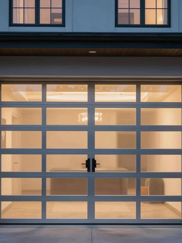 Straight-on architectural elevation of a modern Westchester home facade at dusk, featuring a premium anodized aluminum and frosted glass garage door reflecting soft warm interior light.
