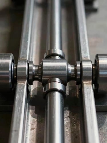 Close-up of a machined steel roller sitting perfectly aligned within a heavy-duty vertical steel track, natural side lighting casting sharp shadows, highlighting the precise mechanical tolerances.