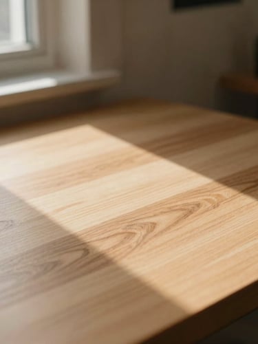 Macro shot of a quiet, sunlit tattoo studio corner, warm natural light streaming onto a clean minimalist wooden table, soft shadows, 35mm