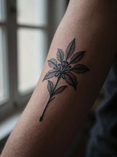 Macro photography of healed fine-line illustrative blackwork tattoo on an arm, soft directional window light, deep shadows, rich skin texture, 35mm.