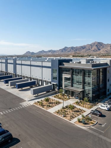 Wide architectural shot of a modern, clean logistics complex in Mexicali under bright cool daylight, sharp focus, steel gray tones.