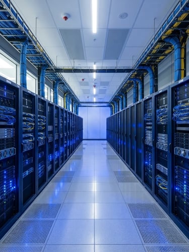 Wide-angle architectural shot of a modern, clean server room with orderly blue-lit server racks and flawless cable management, cool daylight, sharp focus.