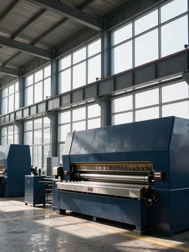Wide architectural interior of a modern industrial fabrication facility in Islamabad, crisp daylight streaming through high windows, heavy-duty steel bending machinery in the background, deep navy and steel tones, sharp architectural framing, 35mm lens.