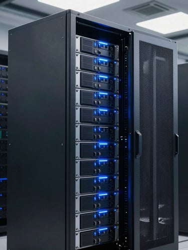 A sleek modern server rack glowing with blue LED indicator lights inside a secure corporate data center, high-contrast industrial lighting