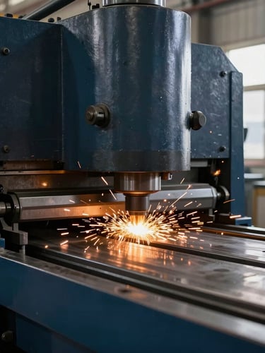 Sharp industrial photography of a heavy-duty metal bending machine in an Islamabad factory, amber sparks flying, deep navy steel tones, crisp daylight, 35mm lens