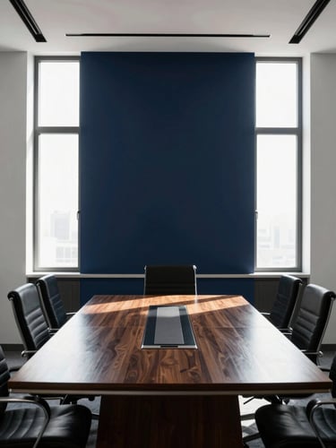 Sharp architectural shot of a corporate boardroom in Islamabad, solid wood custom table, high-contrast daylight streaming through windows, 35mm lens.