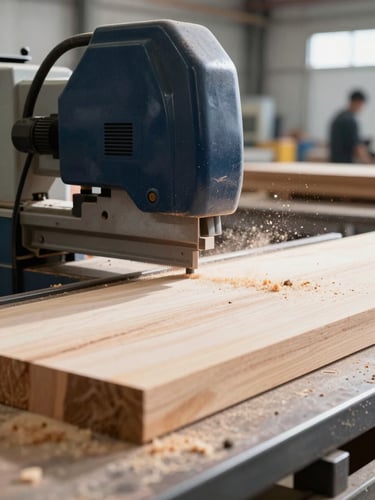 Industrial woodworking machinery cutting a large solid timber slab in a clean, brightly lit factory, sawdust flying, sharp focus, 35mm lens