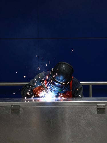 Close-up of a worker welding a heavy-duty stainless steel airport check-in counter, bright sparks, deep blue industrial background, high-contrast