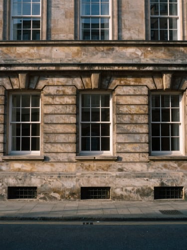 Symmetrical wide perspective of a classical stone facade in a historic financial district, deep shadows on limestone, soft afternoon light
