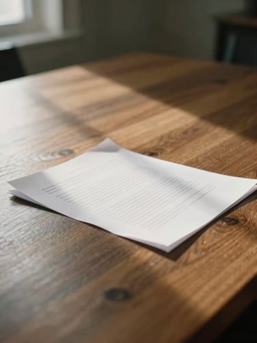 A heavy oak boardroom table reflecting soft directional window light, textured paper documents resting on the dark wood surface, shallow depth of field