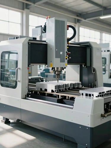 Interior of a state-of-the-art automated manufacturing facility, clean organized factory floor with high-precision CNC machinery processing aluminium profiles, bright natural daylight