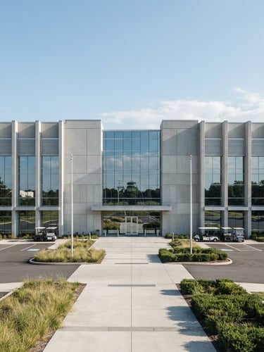 Symmetrical architectural exterior of a state-of-the-art industrial manufacturing plant, clean concrete facades, sharp glass reflections, bright natural daylight, 35mm lens