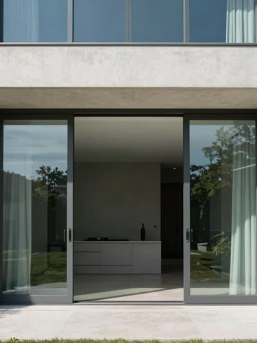 Symmetrical architectural portrait of a luxury villa facade featuring large-format sliding doors, crisp shadows, bright natural daylight, clean concrete and glass lines.