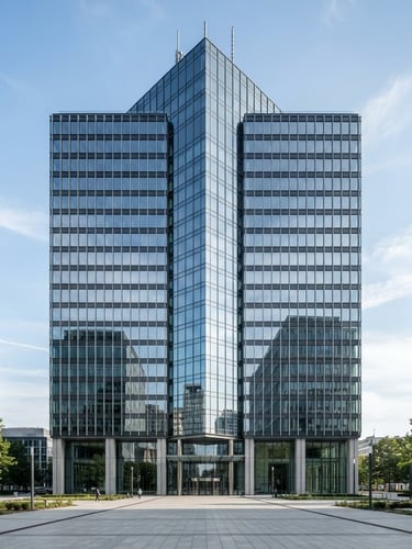 Symmetrical architectural exterior of a modern commercial high-rise building with sharp structural glazing, bright natural daylight, clean glass reflections, desaturated cool tones