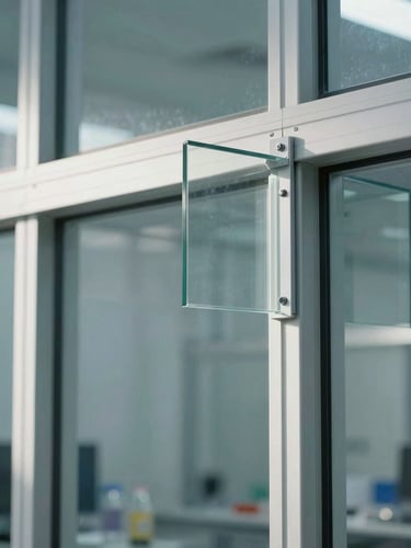 Architectural detail of a structural glazing bracket in a clean laboratory environment, industrial testing rig, sharp focus, cool tones