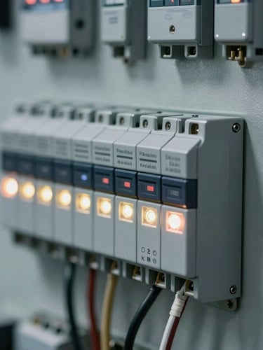 Macro shot of a high-contrast industrial PLC control panel with glowing status LEDs and structured wiring, cool metallic reflections, slate gray tones.