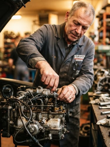 Authentisches Porträt des Kfz-Meisters bei der Arbeit an einem Motor, Hände fokussiert auf ein Bauteil, warme Werkstattbeleuchtung, 35mm