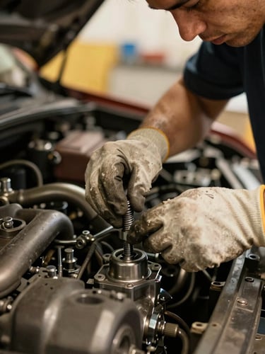 Close-up of a mechanic's hands, wearing work gloves, expertly tightening a bolt on a car engine, focused expression, warm task lighting, shallow depth of field, 35mm.