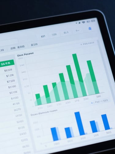A close-up high-contrast shot of a tablet displaying a clean financial ledger with green and blue charts, dark background, professional corporate aesthetic, 50mm