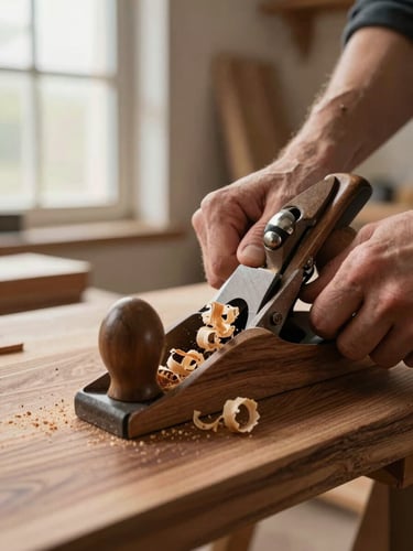 Extreme close-up of hands using a hand plane on a walnut board in a workshop, shavings curling off the blade, north-facing window light from the left, grain of the wood visible mid-stroke