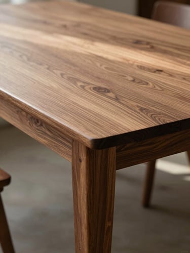 Close-up portrait view of a finished walnut dining table in a home, natural north-facing daylight raking across the surface, visible grain and hand-cut mortise-and-tenon joinery at the leg, no staging or props