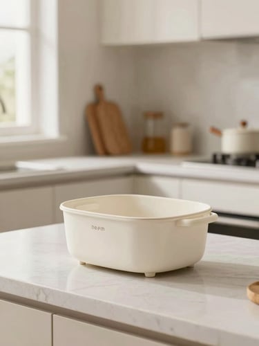 Bright clean product photography of a modern organized kitchen counter, soft daylight, warm neutral home background, sharp focus