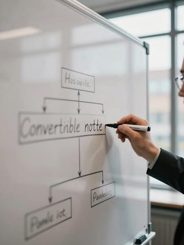 Whiteboard photographed close in a Basel office, partial diagram of a convertible note structure mid-drawing with a marker, natural diffused daylight from a high window, no legible text visible, abstract analytical geometry