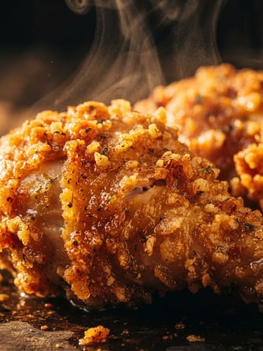 Steaming hot crispy broaster chicken close-up, dramatic warm side-lighting, rich saturated colors, high contrast, macro depth of field, 35mm